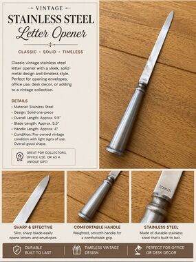 Vintage Stainless Steel Letter Opener Desk Accessory